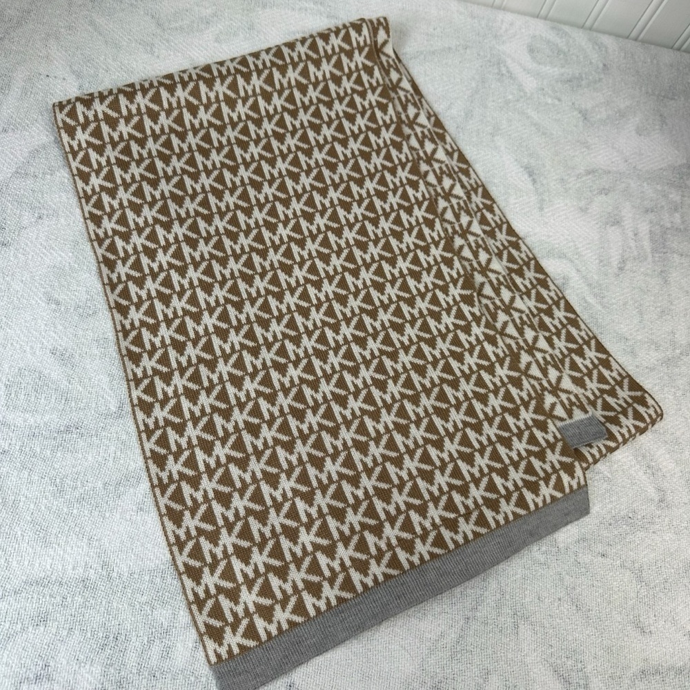 Michael Kors Tan and Cream MK Women's Logo Scarf Wrap with Gray Edge